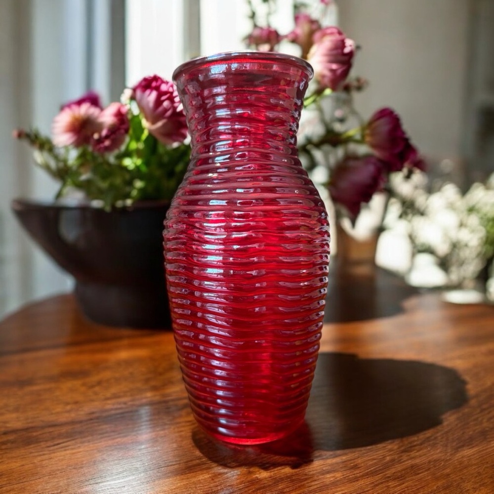 Vintage Ruby Red Glass Beehive Vase Hourglass Ribbed Mid Century Modern